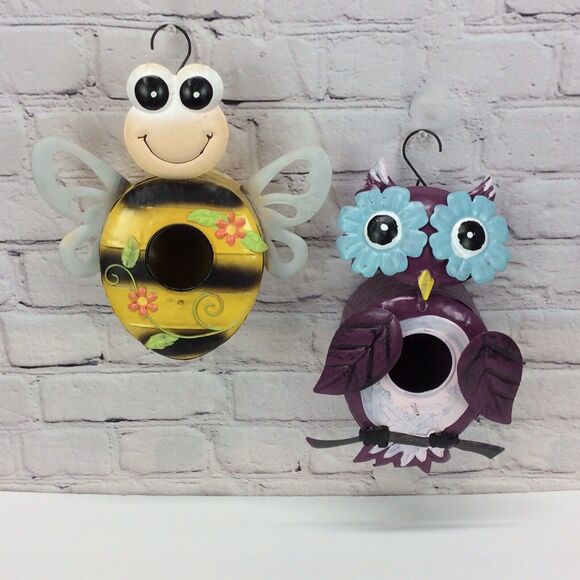 Painted Rustic Garden Bird Houses Set of 2 Bee/Owl Metal W/Hanging Chains Artsy - Picture 1 of 7
